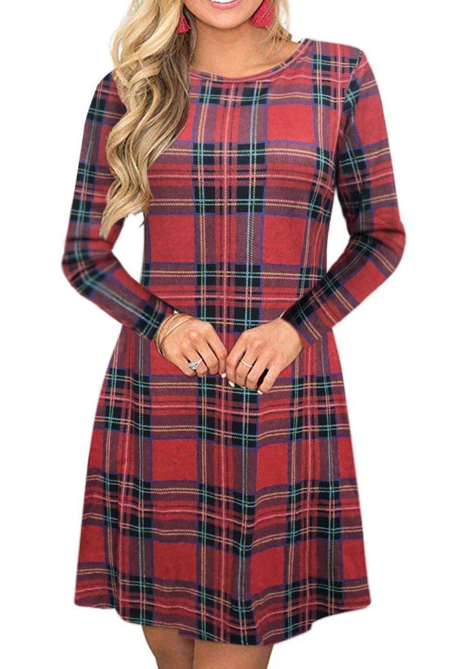 MIROL Women's Long Sleeve Plaid Color Block Casual Swing Loose Fit Tunic Dress