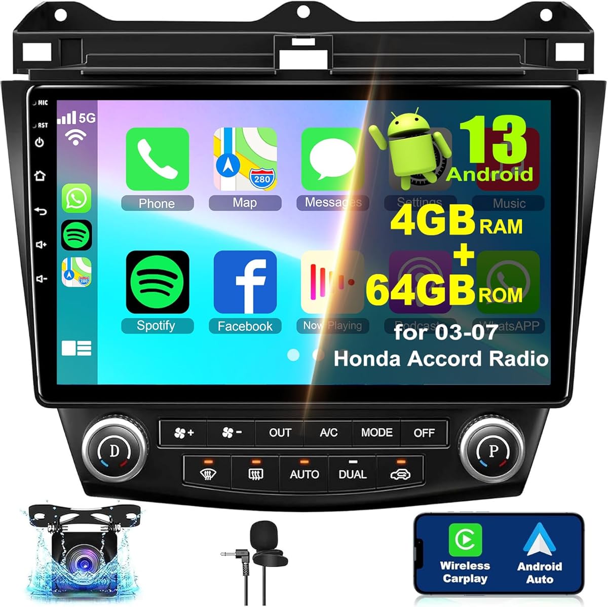 4+64G for Honda Accord 2003 2004 2005 2006 2007 Android 13 for Car Radio, 10.2 Inch IPS Touch Screen Car Stereo with Wireless Carplay/Android Auto, DSP, Bluetooth, Backup Camera, SWC, Built-in GPS