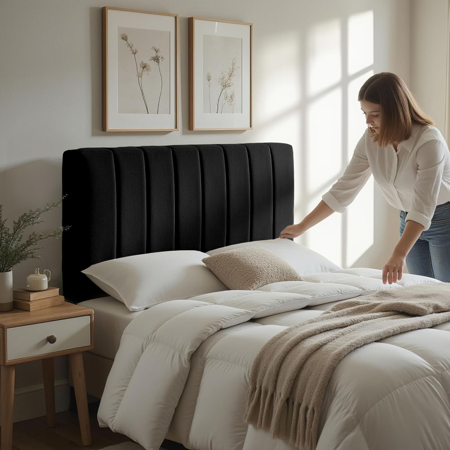 Hearth & Harbor Upholstered Full Headboard - Easy Assemble Channel Stitched Headboard Full Size - Wall Mounted Headboards with 3D Soundproof Wall Panels Peel & Stick Floating Headboards, Black