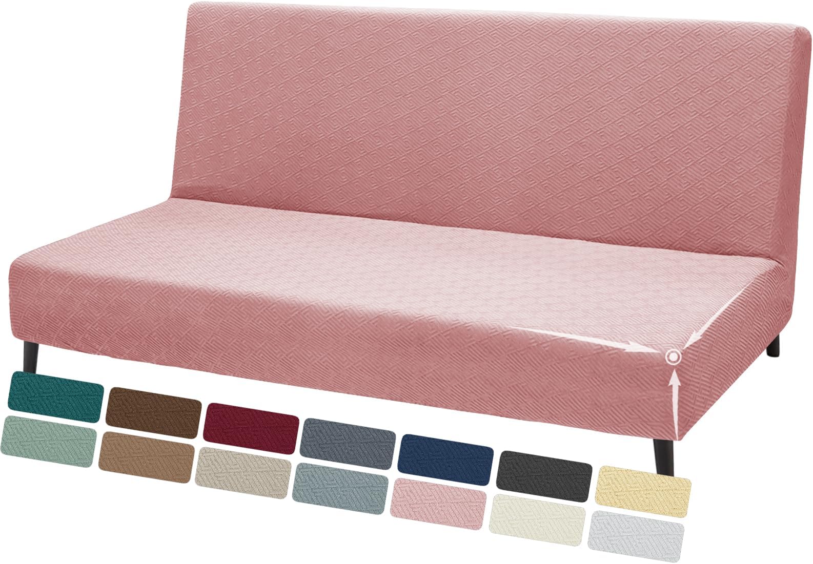 ZNSAYOTX Stretch Fit Futon Cover (67"-82") Armless Futon Sofa Bed Slipcover with Elastic Band, Universal Foldable Sofa Mattress Protector Full Queen Size, Washable Comfort Jacquard (Rose)