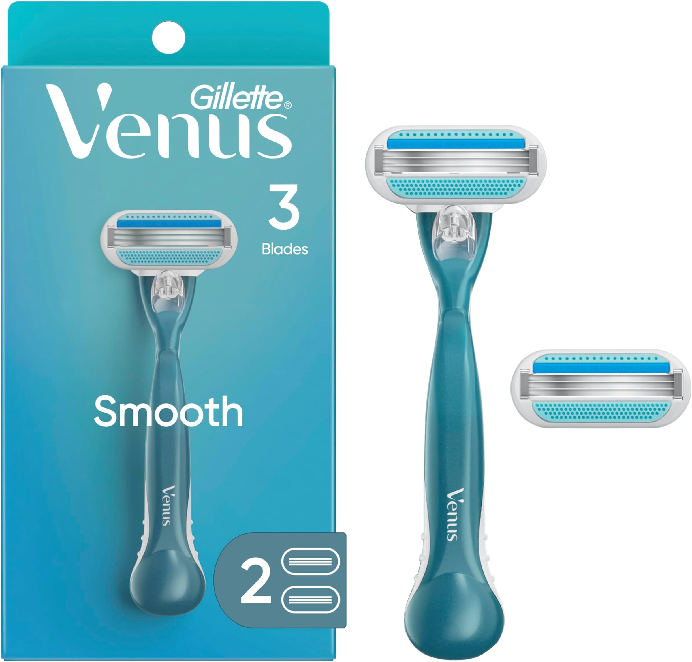 Gillette Venus Smooth Razor for Women, Includes 1 Reusable Razor Handle + 2 Count 3-Bladed Refills, Ergonomic Soft Grip Handle