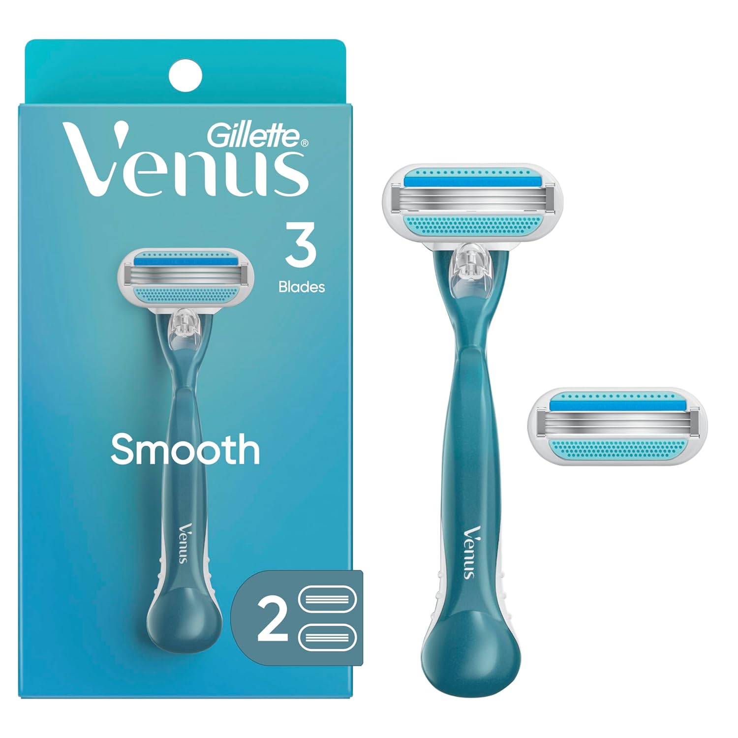 Gillette Venus Smooth Razor for Women Includes 1 Reusable Razor Handle 2 Count 3-Bladed Refills Ergonomic Soft Grip