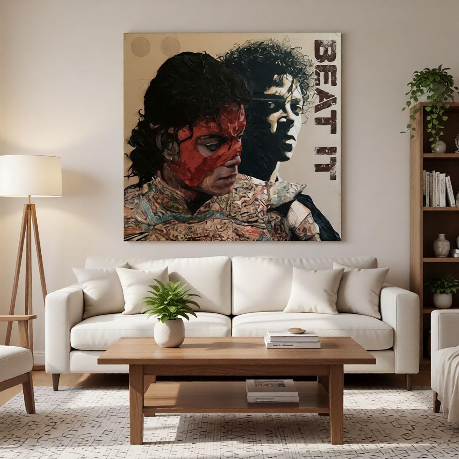 Michael Pop Art Impression sur toile « Beat It » - Musique moderne - Style street art et pastel - Poster cool King of Pop avec masque rouge - Décoration pour salon, salle de musique et studio - 80 x