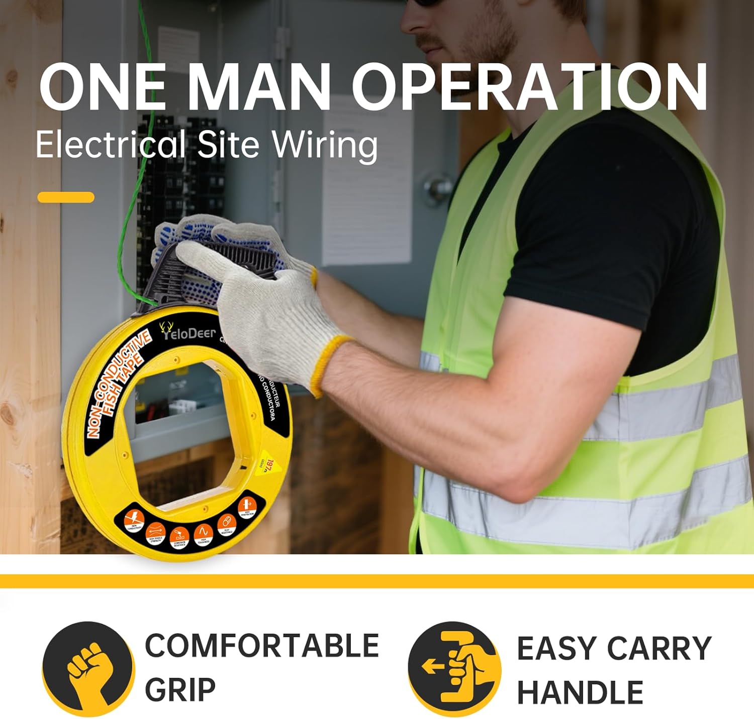 Fish Tape Wire Puller 197 FT x 4.5 mm with Gloves and 7 Adapters, PET Wire Fishing Tools for Walls and Electrical Conduit