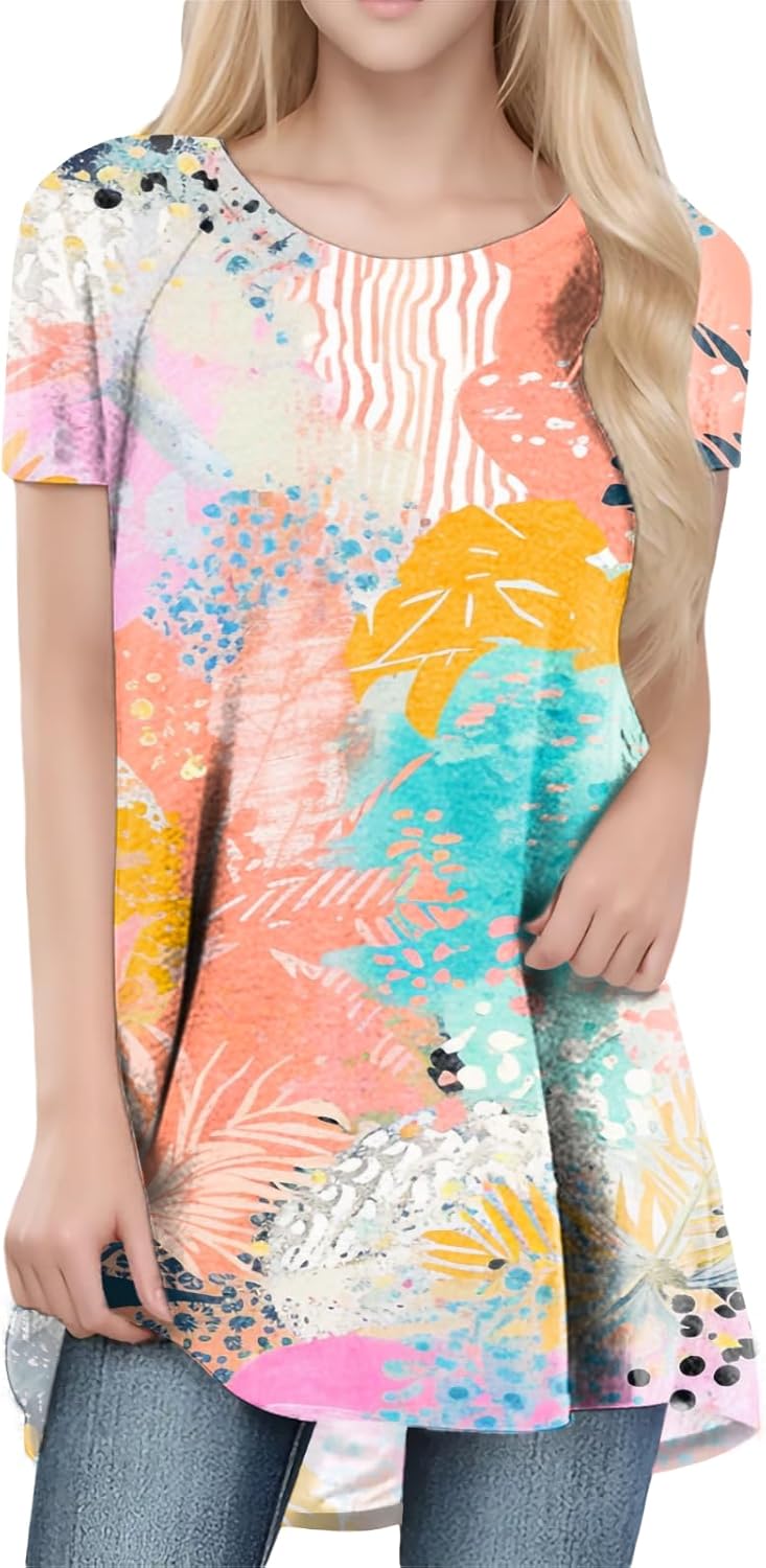 Tunic Tops for Women Casual Crewneck Floral Print Swing T Shirts Trendy Short Sleeve Lightweight Blouse
