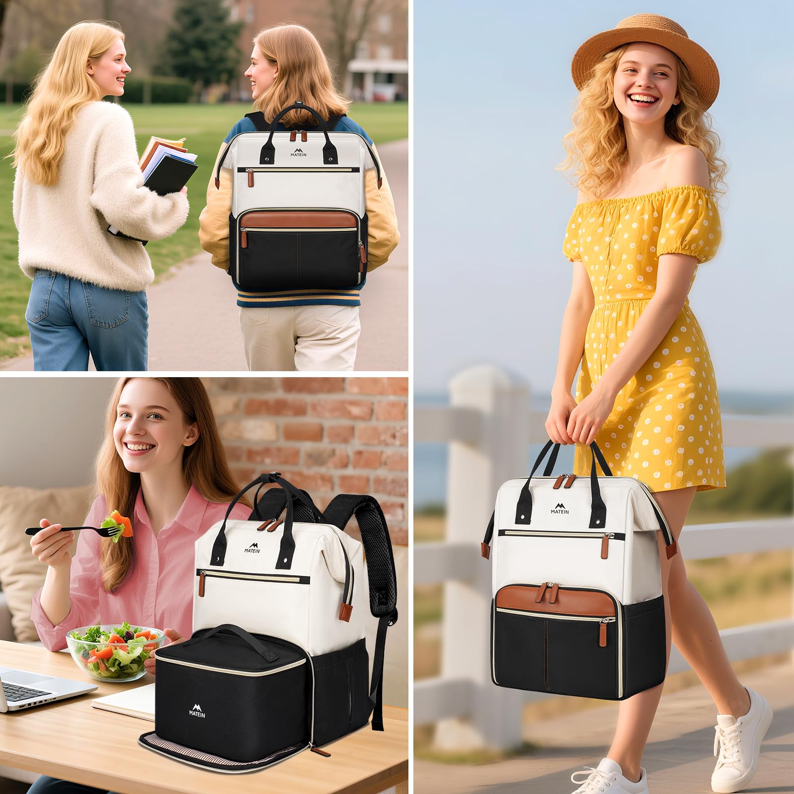 MATEIN Zaino PC 15,6 Pollici con Borsa Termica Porta Pranzo Rimovibile, Zaino Lavoro Donna Antifurto per Insegnanti e Infermiere, Multitasche Zaini da Viaggio Aereo per Ufficio, Università, Beige kaki