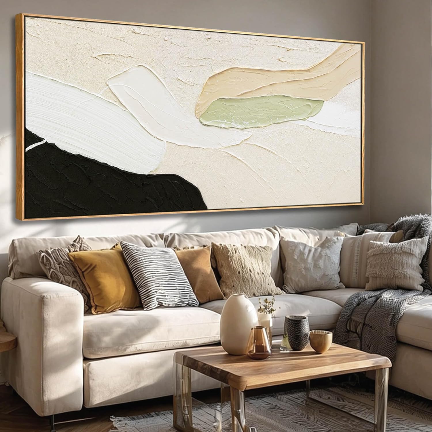 Artexist Abstract Canvas Wall Art for Living Room Black Beige Green Textured Oil Paintings Wall Decor Pictures for Bedroom Office Home Decoration 29"x58"