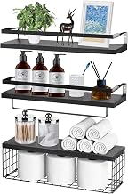 Floating Shelves with Storage Basket, Bathroom Shelves Over Toilet Paper Holder Storage Shelves, Wall Mounted Rustic Wood Shelves for Bathroom, Bedroom, Living Room, Kitchen (Modern Black)