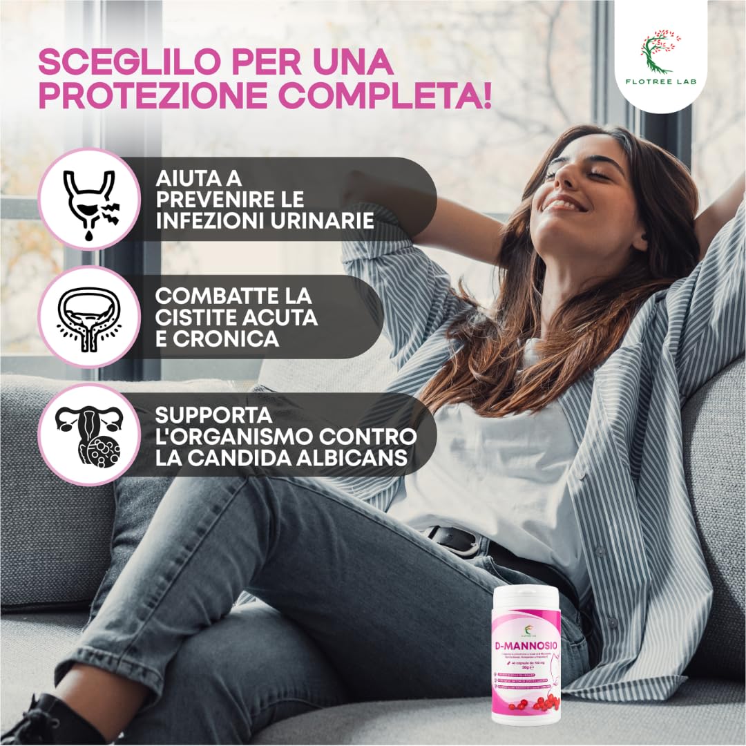 FloTree Lab® D Mannosio Cistite con Cranberry (Mirtillo Rosso), Pompelmo e Vitamina C, Dmannosio Puro 2000 mg, Integratore Vie Urinarie Donna Uomo Naturale, 40 Capsule