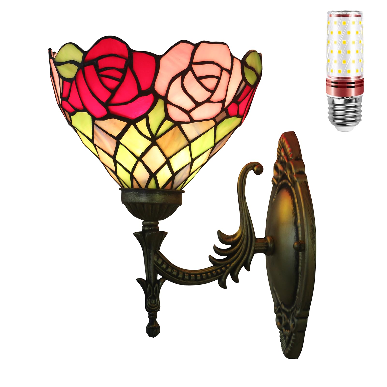 Aioneer Tiffany Stained Glass Wall Lamp With Light Bulb For Bedroom And Living Room-P