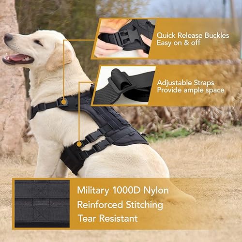 Miniatura 5 de Arnés táctico sin tirones para perro, arnés ajustable de chaleco para perros medianos y grandes, paneles grandes de gancho y bucle, arnés Molle para