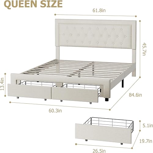 Miniatura 2 de Keyluv Base de cama Queen con 2 cajones de almacenamiento y cabecera ajustable, plataforma de tela de alta gama con botones acolchonados, listones