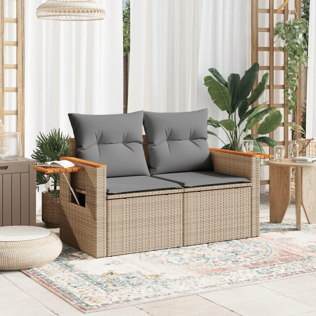IKAYAA Sofá Jardín 2 Plazas de Ratán con Mesa Auxiliar Plegable, Sofas Terraza con Cojines Acolchados, Sofá de Exterior 2 Plazas, Muebles de Terraza, Sofá para Jardín Patio Terraza Beige y Gris Claro