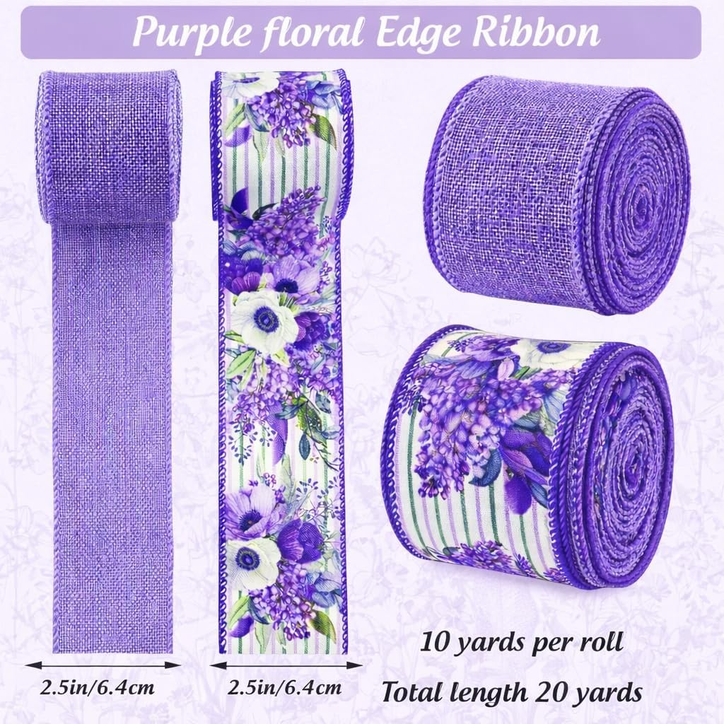 2.5 Inch Purple Floral Wired Edge Ribbon, Decorative Fabric Craft Ribbon for Bows, Wreaths, Gift Wrapping, Spring Summer Party and Home Decor, 2 Rolls, 20 Yards(Purple)