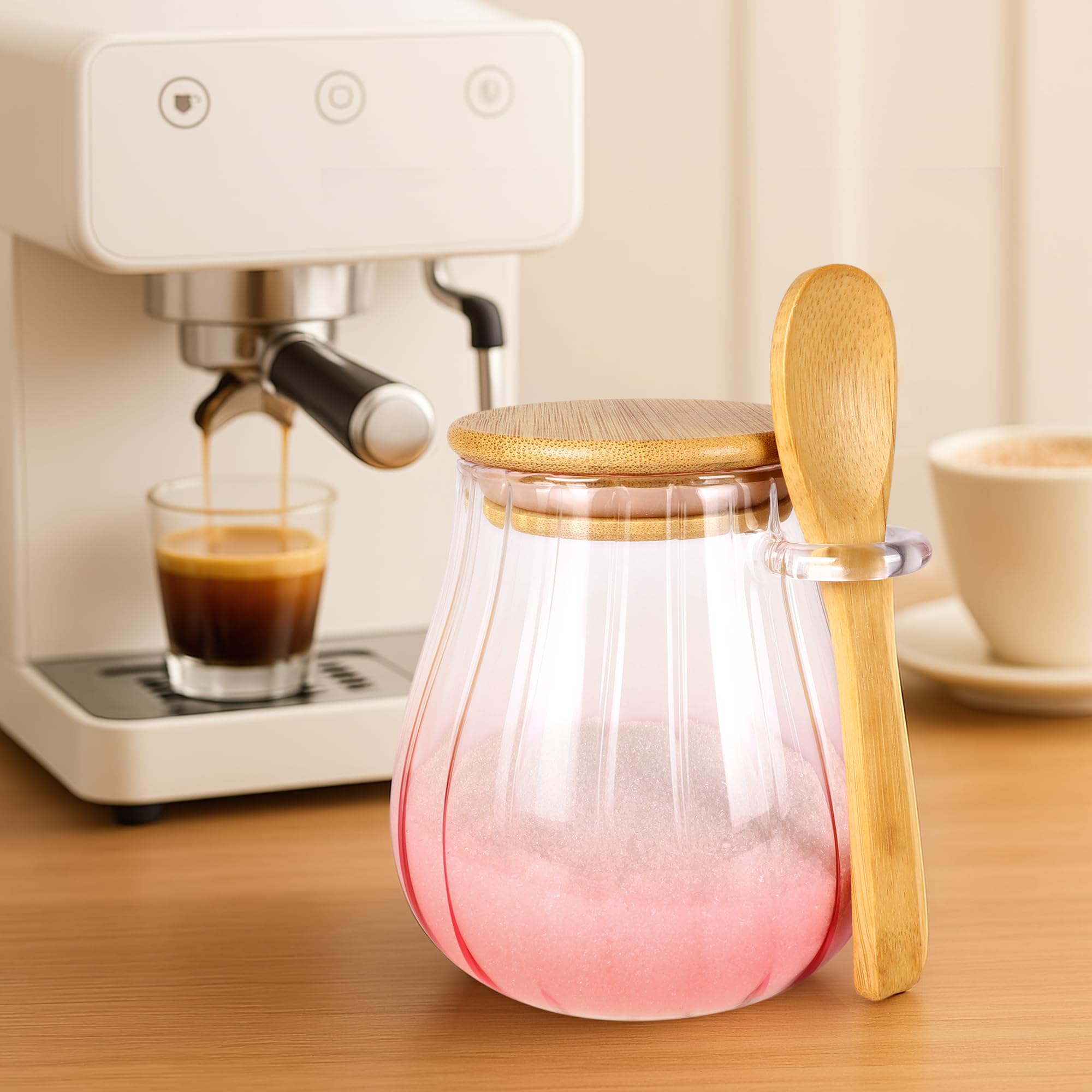 Azucarero rosa de 15 onzas con tapa y cuchara de bambú, decoración y accesorios de cocina rosa, tarro de vidrio con tapa hermética, contenedor de azúcar moreno, contenedor de azúcar para cafetería y 8