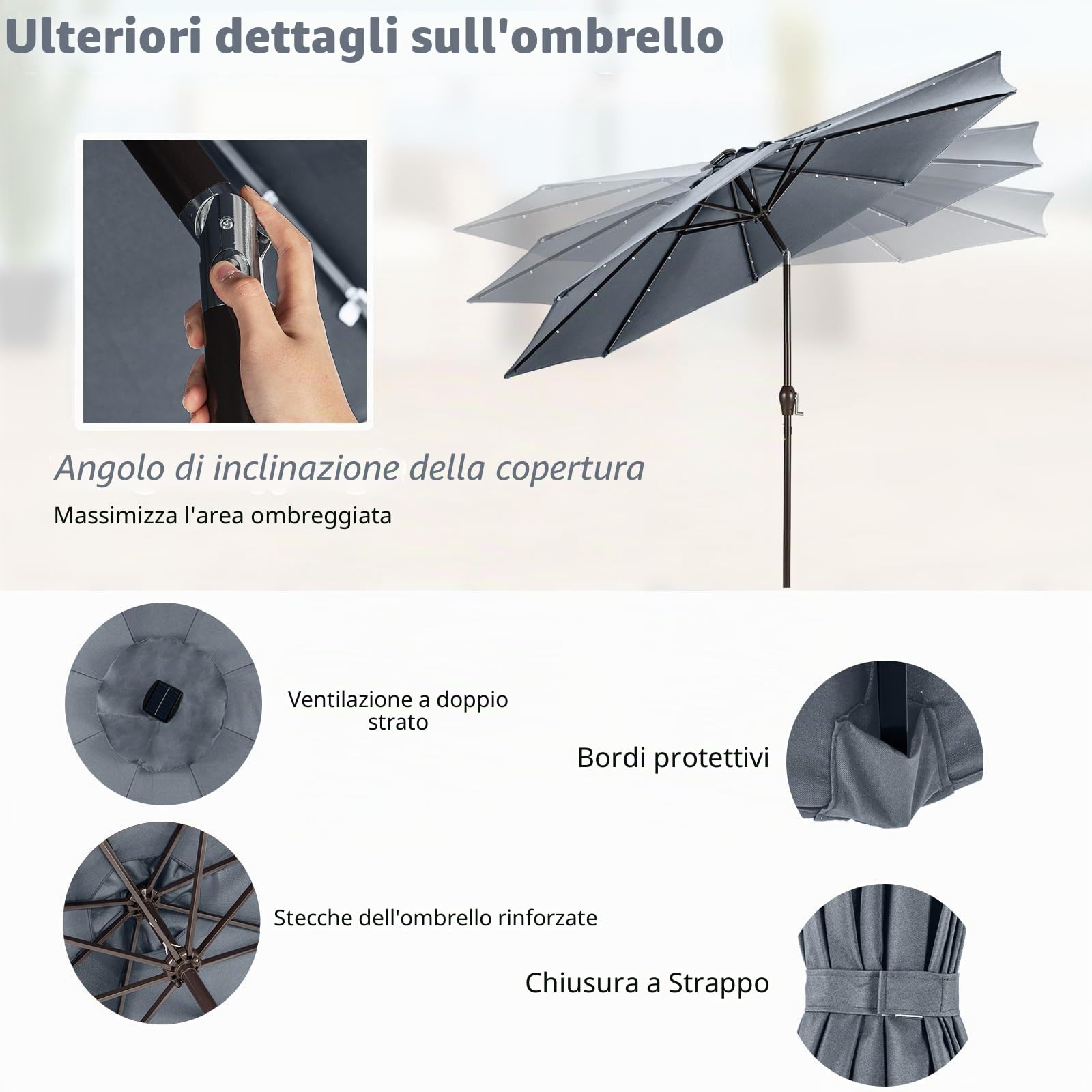KOMFOTTEU Ombrellone da Giardino 3m, con Luci LED e Manovella, Ombrellone da Balcone Inclinabile Protezione UV, Ombrellone Parasole da Cortile con 8 Osse, per Terrazza, Spiaggia, Piscina