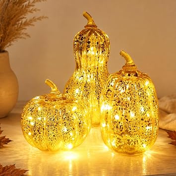 NEEDOMO Lighted Glass Pumpkin Decor, Set of 3 Gold Mercury Glass Pumpkins with Lights and Timer for Fall Thanksgiving Decorations, LED Collectible Figurines Fall Centerpiece for Tables Home
