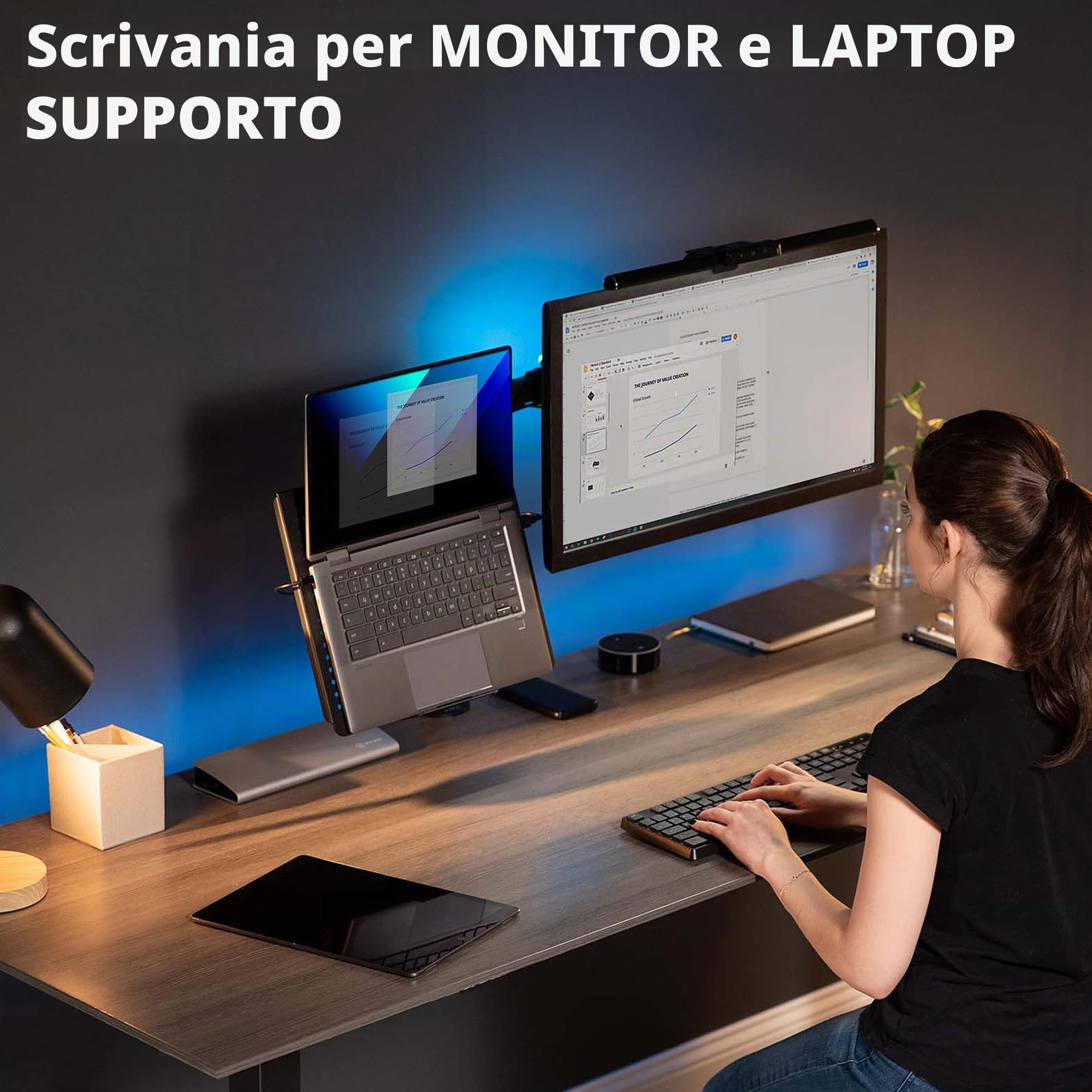 VIVO - Supporto da scrivania per monitor e laptop da 13" a 32", completamente regolabile, con opzione anello passacavo, adatto per laptop fino a 17" (STAND-V002C)