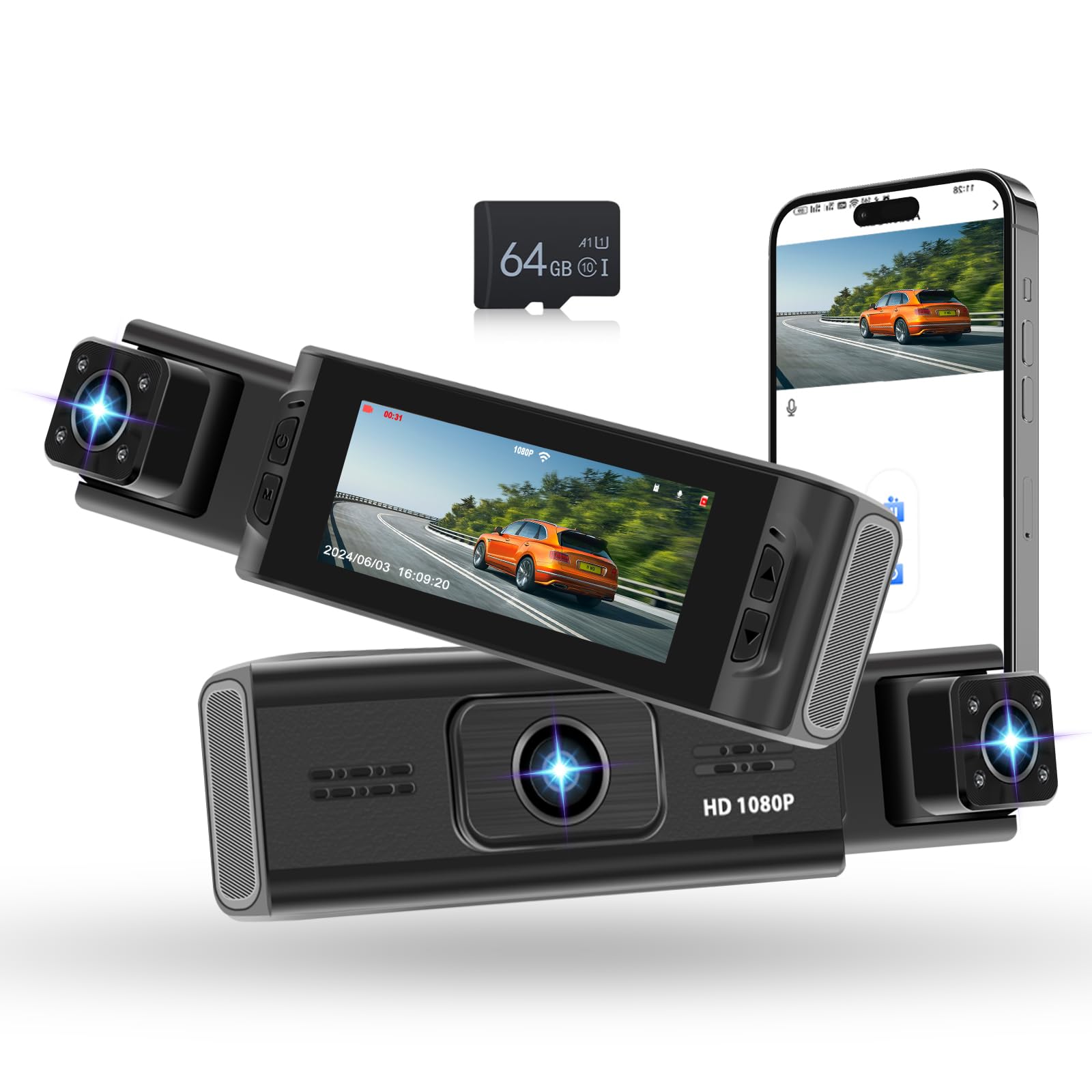 Hodozzy Dashcam Cámara Coche Frontal e Interior 1080P Dash CAM con Pantalla IPS de 3,16 Pulgadas, Dual WiFi Dashcam Coche con App, Tarjeta 64G, Grabación en Bucle Visión Nocturna,Ajuste de Exposición