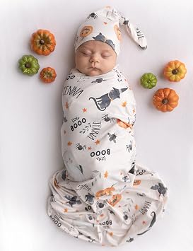 Newborn Baby Halloween Swaddle Set Headband Beanie and Name Card
