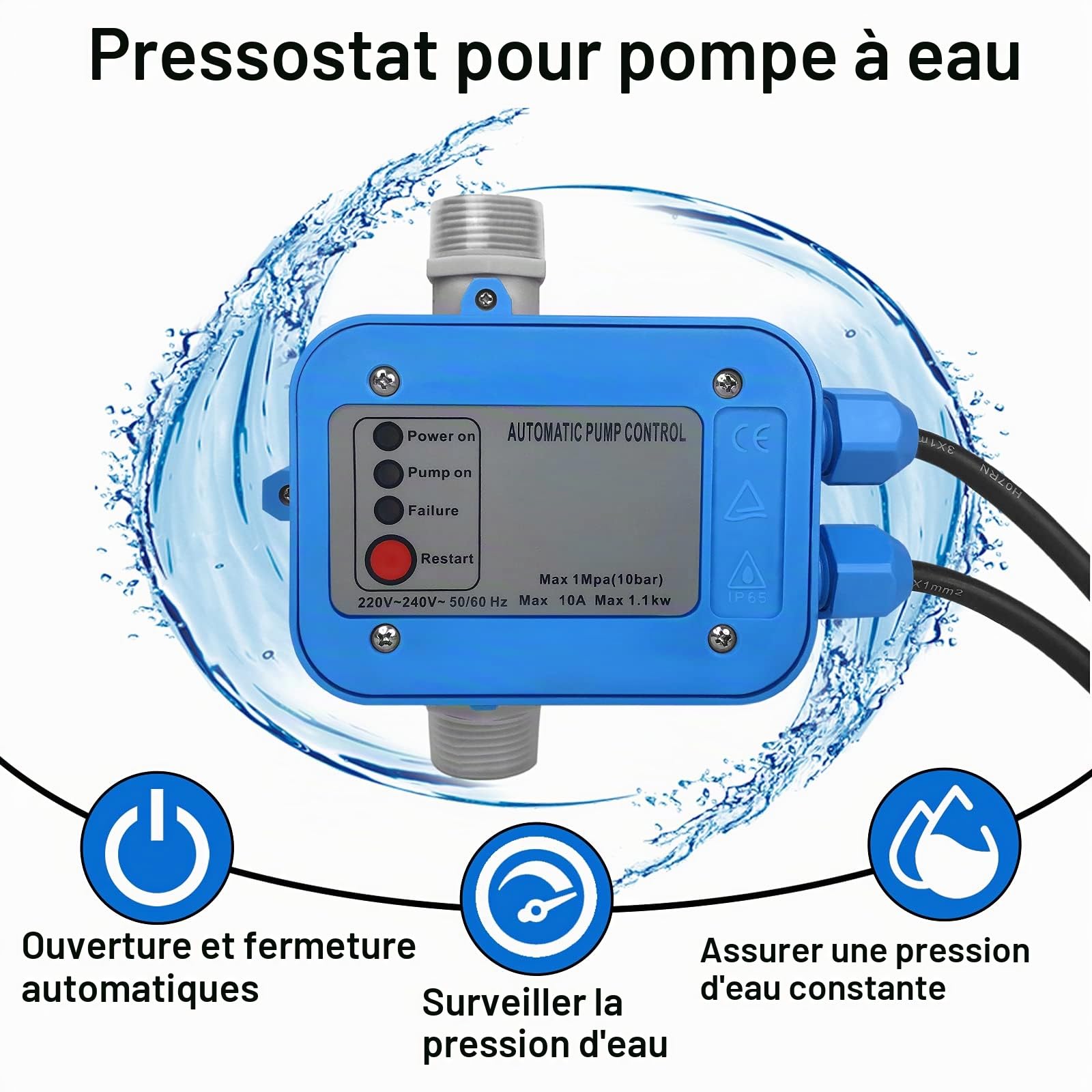Aufun Interrupteur à pression électronique avec câble, contrôle de la pompe max. 10 bar, régulateur de pression, contrôle automatique de la pompe avec prise pour système d'eau domestique