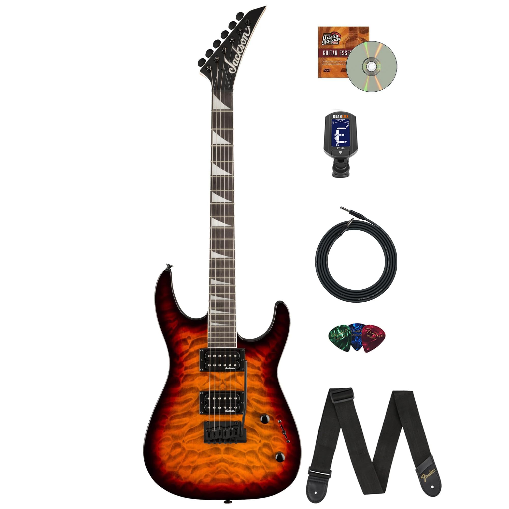 Jackson JS Series Dinky JS20 DKQ 2PT Electric Guitar - Transparent Tobacco Burst Bundle with Cable, Tuner, Strap, Picks, and Austin Bazaar Guitar DVD