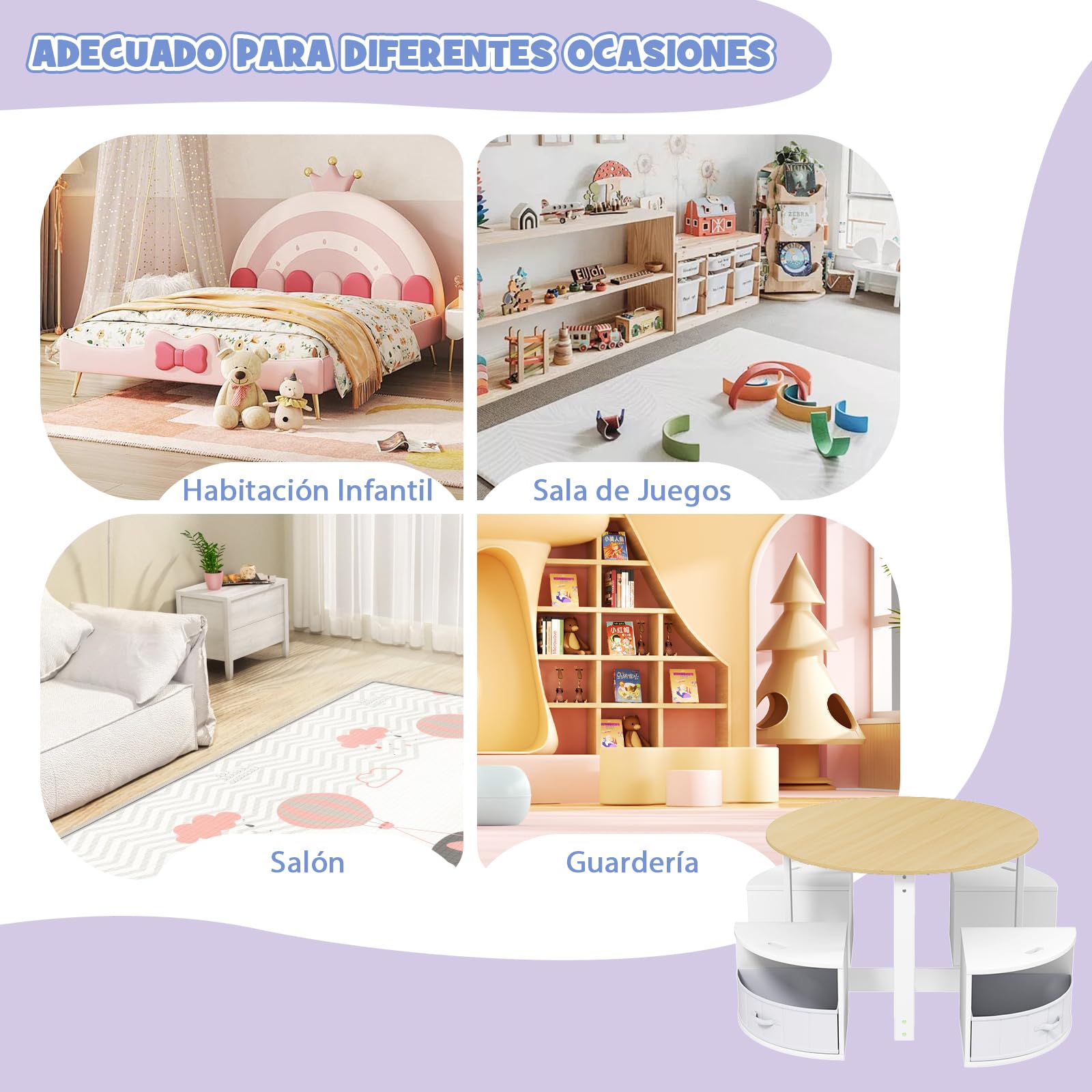 GOPLUS Juego de Mesa y Sillas para Niños de 5 Piezas, Mesa Redonda con 4 Taburetes Apilables con Cajones de Tela, Asientos de Madera con Almohadillas Antideslizantes para Niños de 3+ Años (Natural)