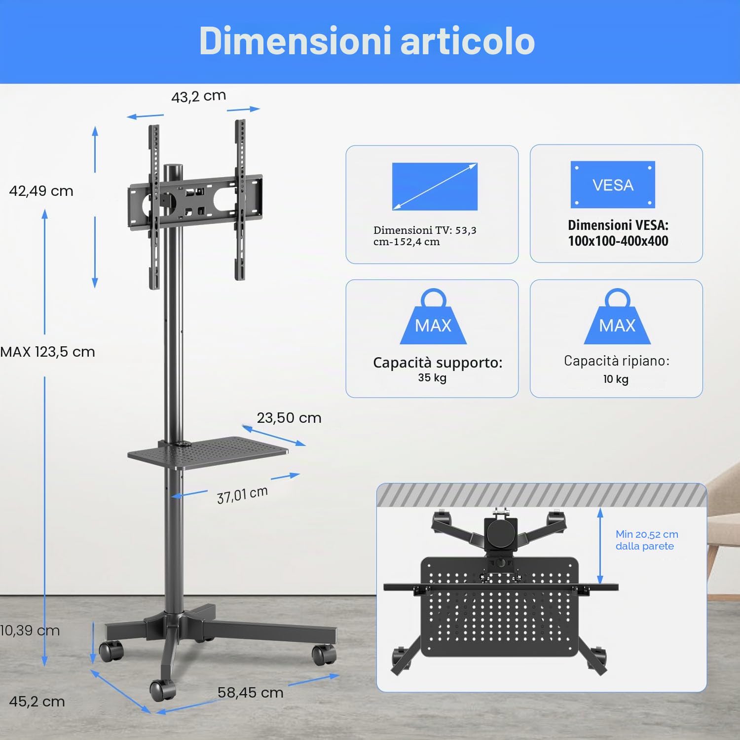 suptek Supporto per TV da 21 a 60 Pollici, Supporto TV Mobile con Mensola per Laptop, Carrello TV Regolabile in Altezza fino a 35 kg, Max.VESA 400 x 400 mm,ML55B,Nero