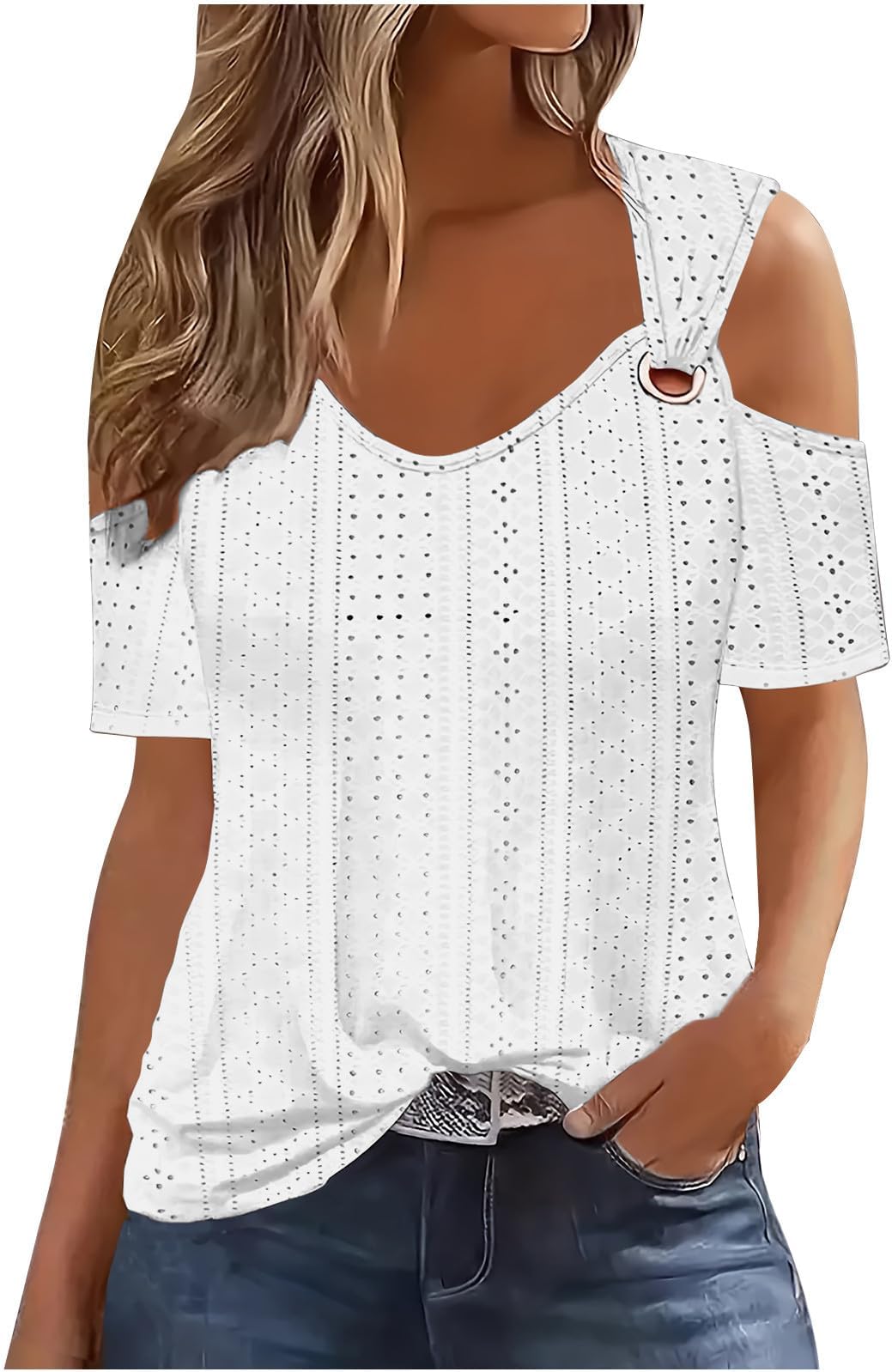 Sexy Clod Sholuder Tops for Women 2024 Summer Hollow Out Eyelet Short Sleeve T Shirts Going Out Blouses Ladies Tunic