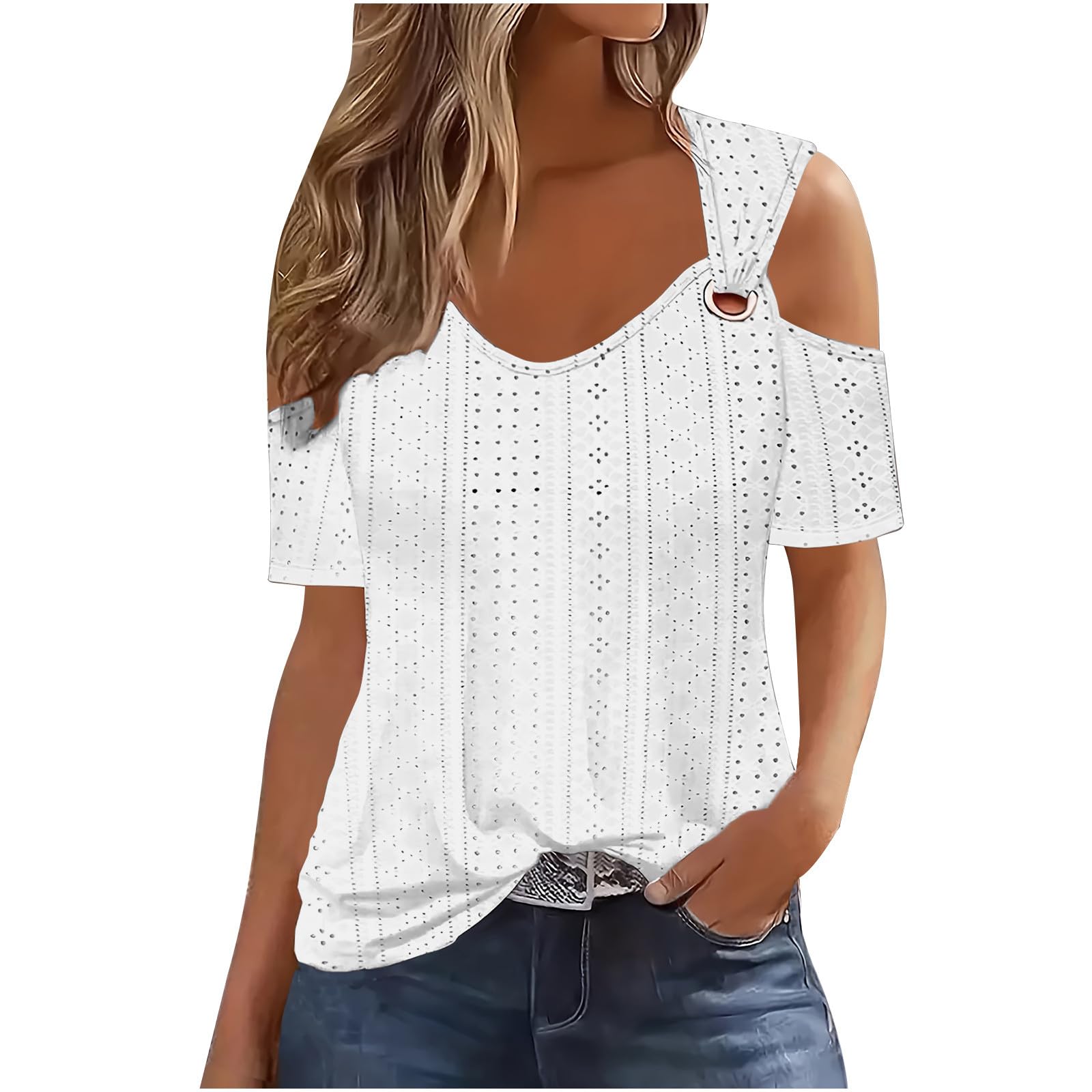 Sexy Cold Shoulder Tops for Women UK Casual Ladies Eyelet Tops Trendy Solid Basic Womens Tops Blouses Workout Vacation Tunic Blouses Short Sleeve Cotton Tshirts