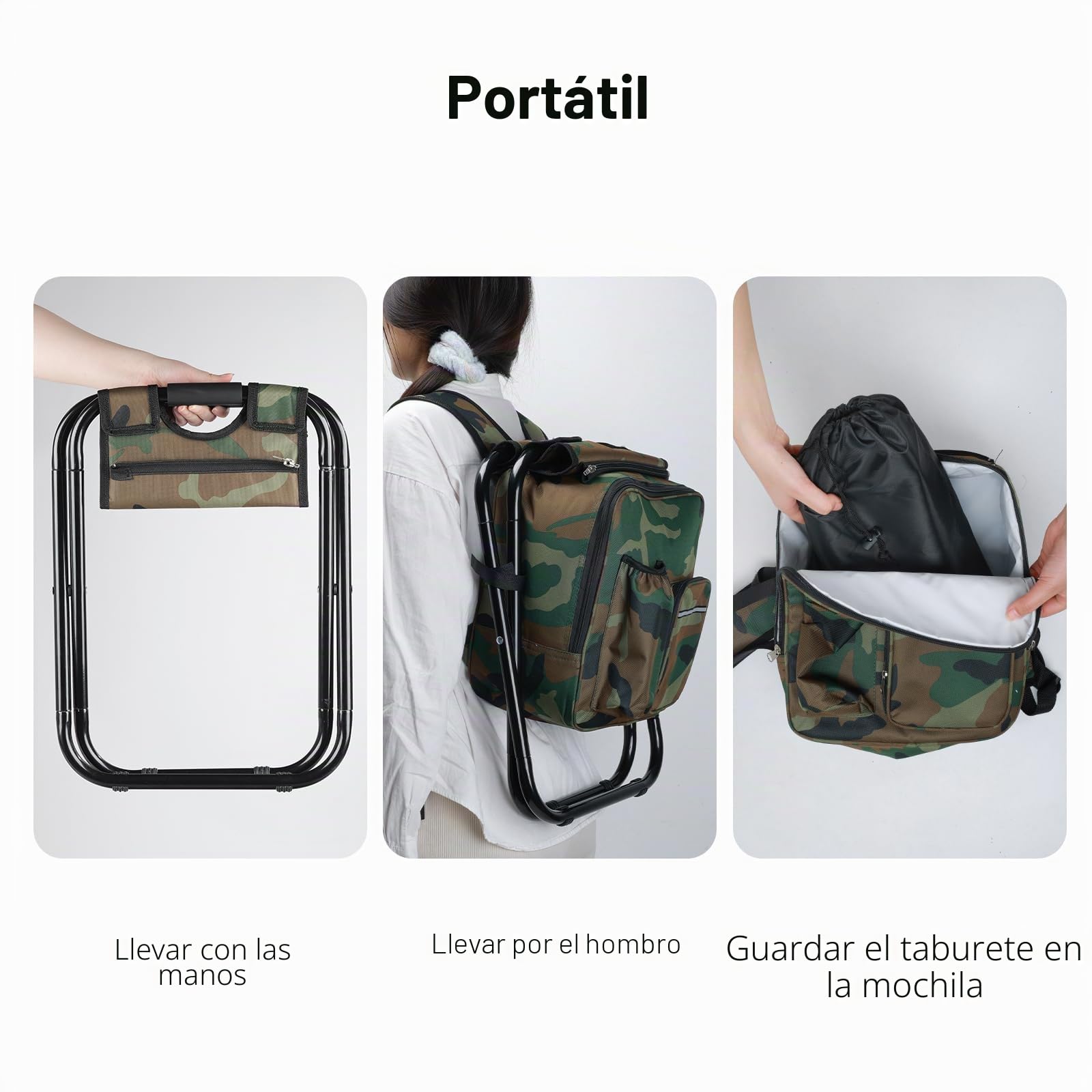 Taburete mochila nevera plegable y ligero, resistente hasta 159 kg para camping, silla de pesca portátil desmontable con mochila nevera, camuflaje