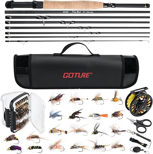 Goture Combo de caña de pescar con mosca y carrete de 8 secciones, caña de pescar con mosca, 6080 moscas de pesca, carrete de aluminio para moscas