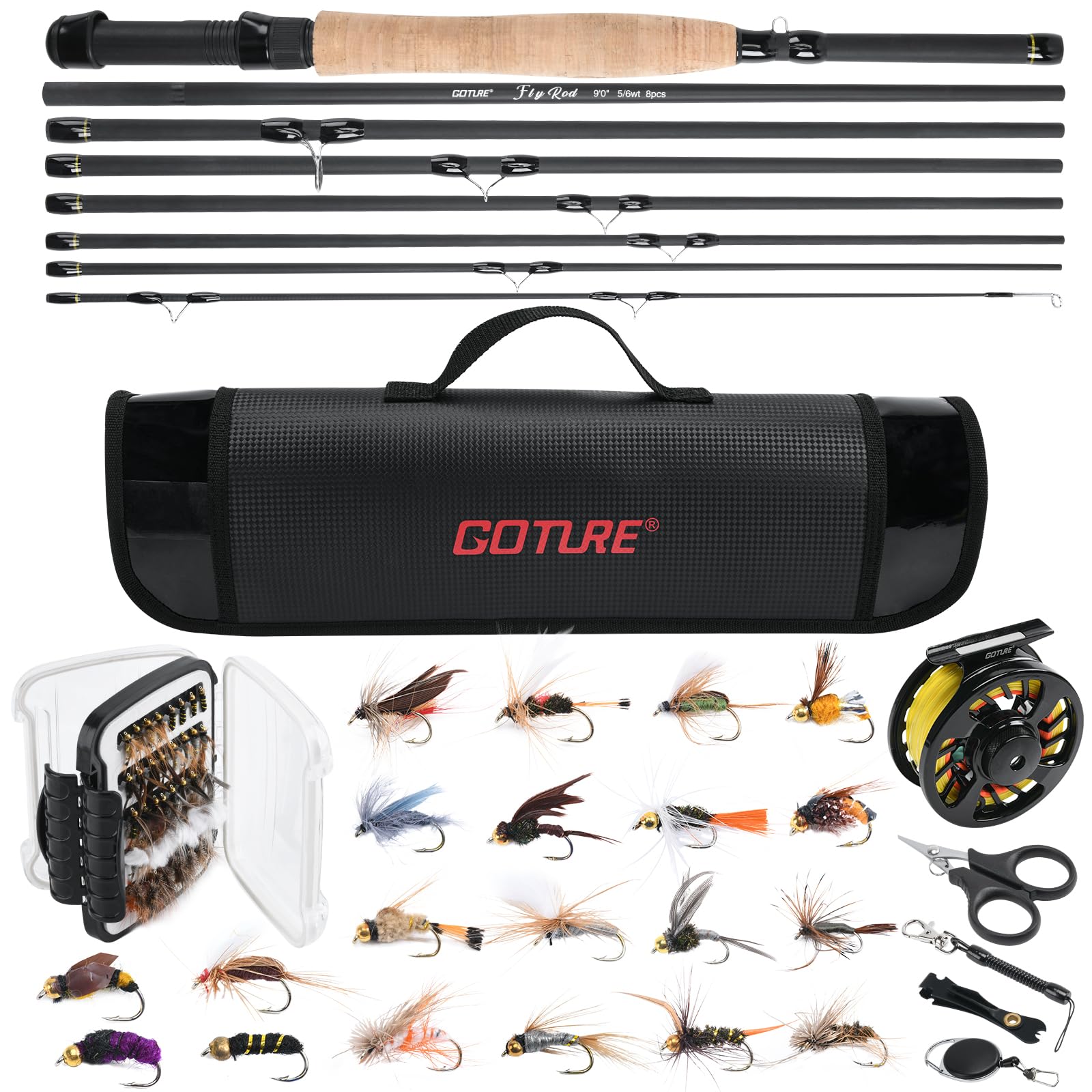 Goture Fly Fishing Rod and Reel Combo 8-Sections Fly Fishing Rod,60/80 Pcs Fishing Flies,Aluminum Fly Reel with Fishing Lines,Waterproof and Portable Bag
