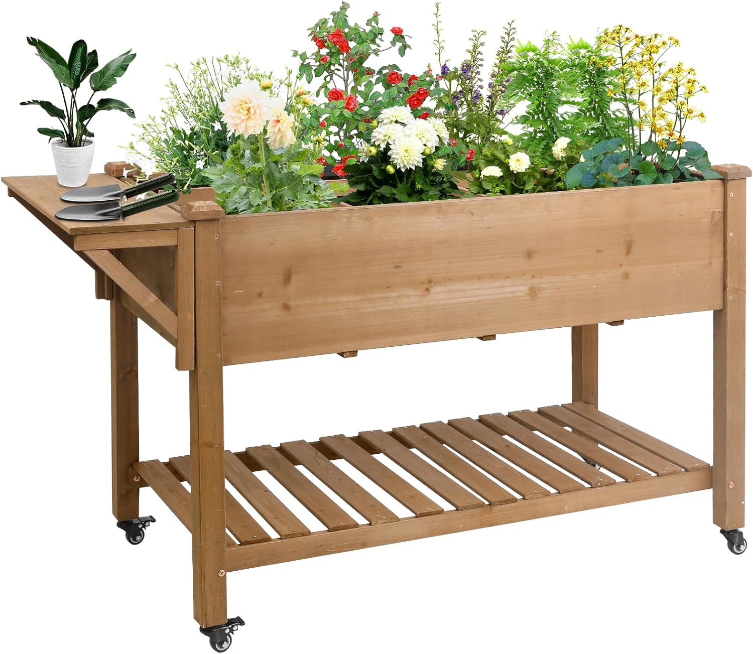 Raised Garden Bed with Wheels, Wood Elevated Garden Box with W-Connection Tabs，for Vegetable, Flower, Herb, Large Storage Shelf, Easy to Assemble, 55.5x24x32in