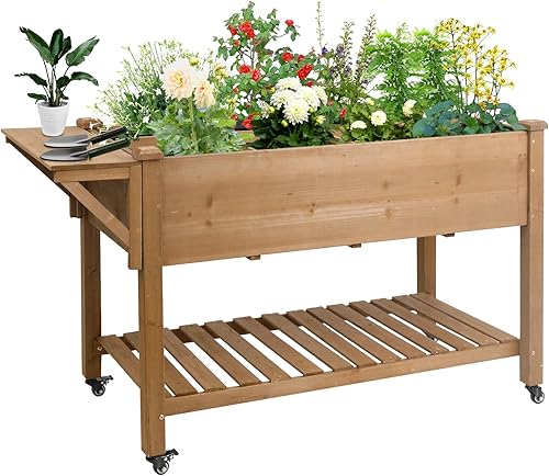 Cama de jardín elevada con ruedas, caja de jardín elevada de madera con pestañas de conexión W, para verduras, flores, hierbas, estante de