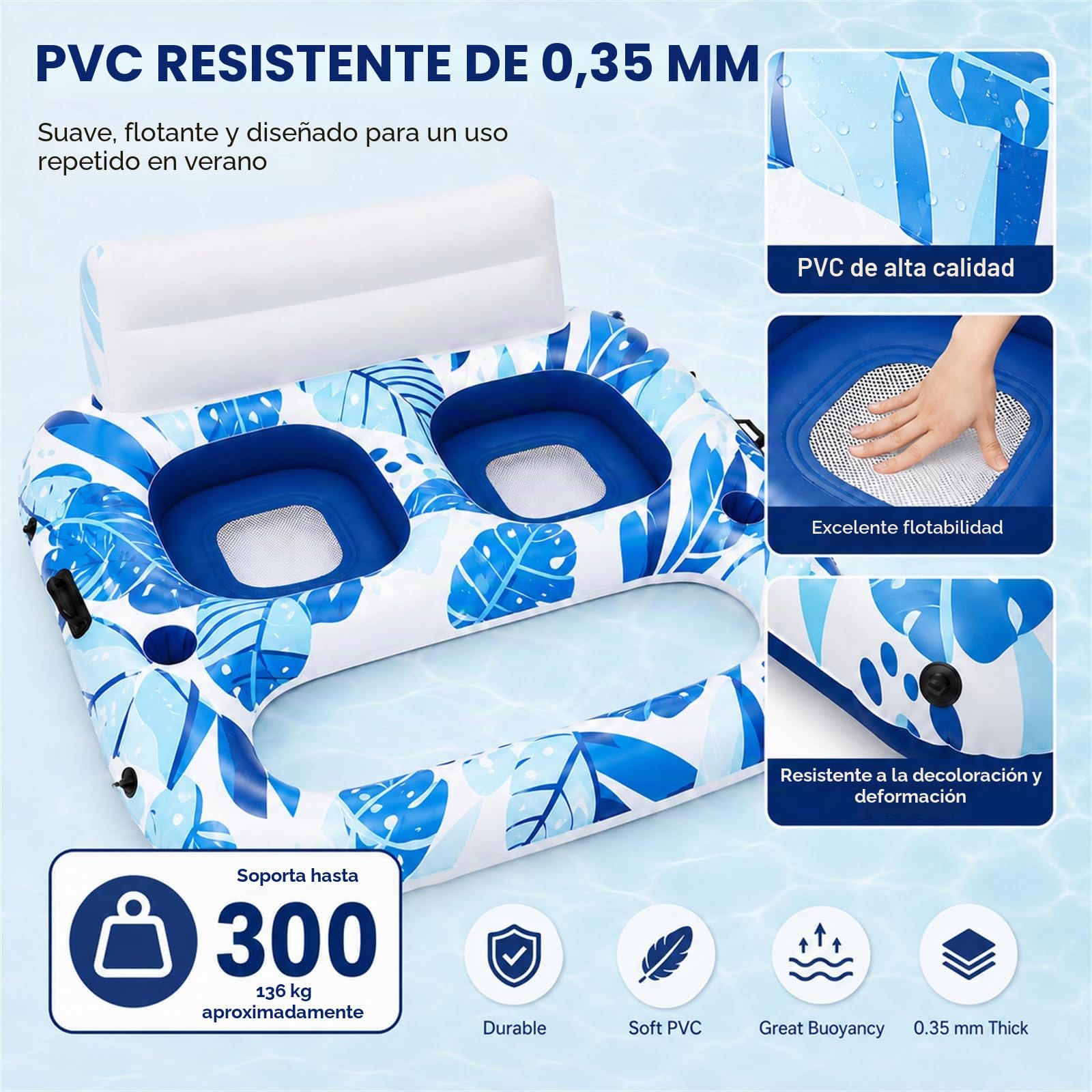 Sillón hinchable para 2 personas con respaldo grande | Isla de natación colchón de aire, soporte para bebidas, asa, para playa y piscina, para adultos