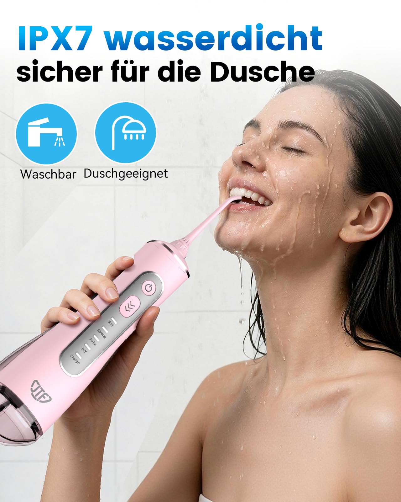 JTF Irrigatore Orale Senza Fili, 300 ML Idropulsore Dentale Portatile, 3+1 Modalità Professionale Elettrico Water Flosser per Pulizia Denti, Impermeabile IPX7 per Viaggi a Casa di salute orale（Rosa）