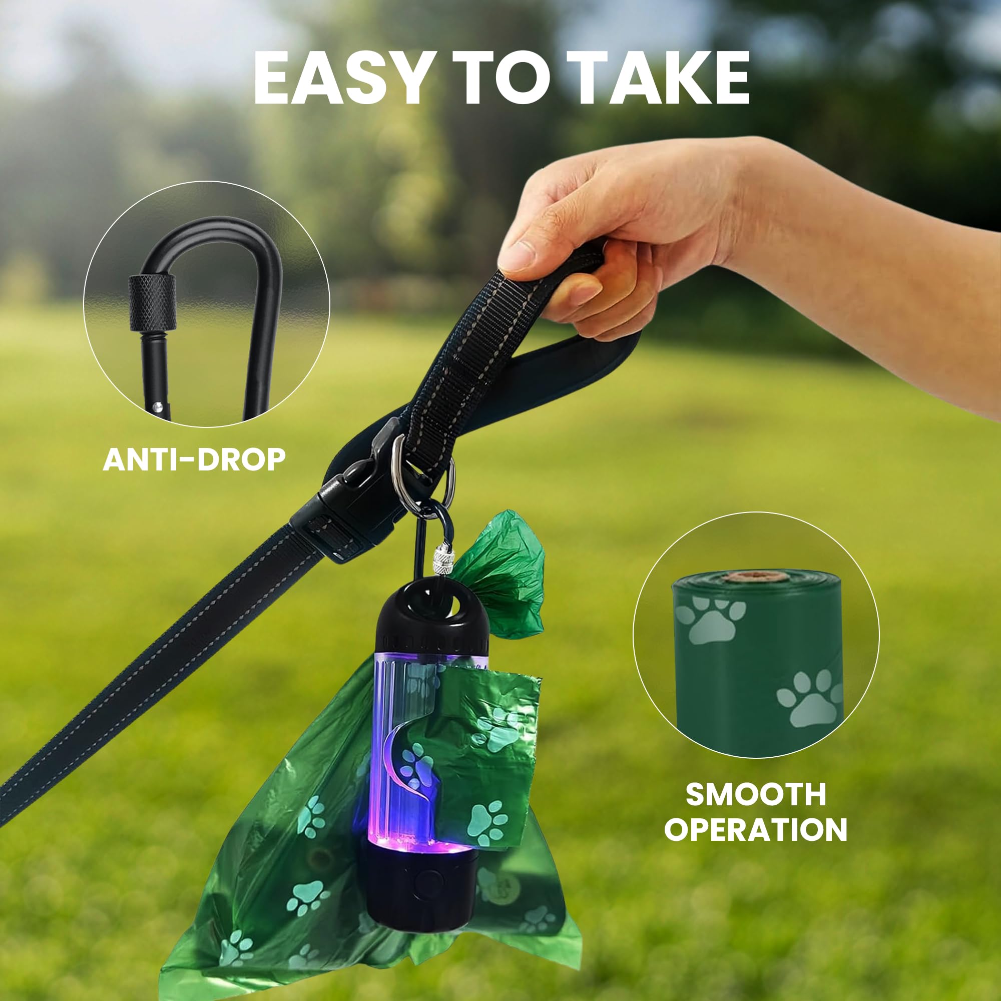 Hundekotbeutelspender mit LED-Taschenlampe & 45 Beuteln (3 Rollen) - USB-C wiederaufladbar, wasserdicht, Anti-Rutsch-Clip, freihändiger Hundekotbeutelhalter für Nachtspaziergänge