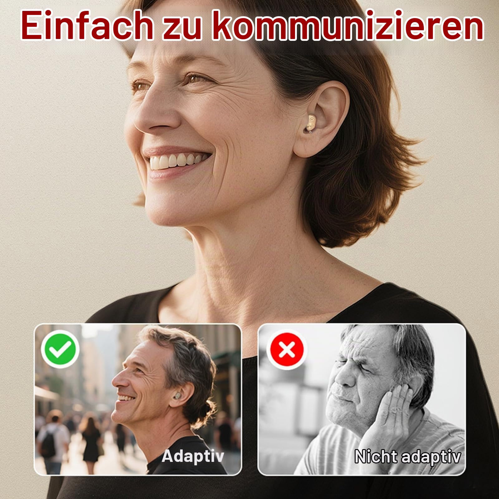 Wiederaufladbares Soundgerät für Senioren & Erwachsene, Unsichtbares Soundgerät mit 7 unterschiedlich großen Silikon-Ohrstöpseln, In-Ear Invisible Design, Sound Excellence, Comfort Fit (Rot & Blau)
