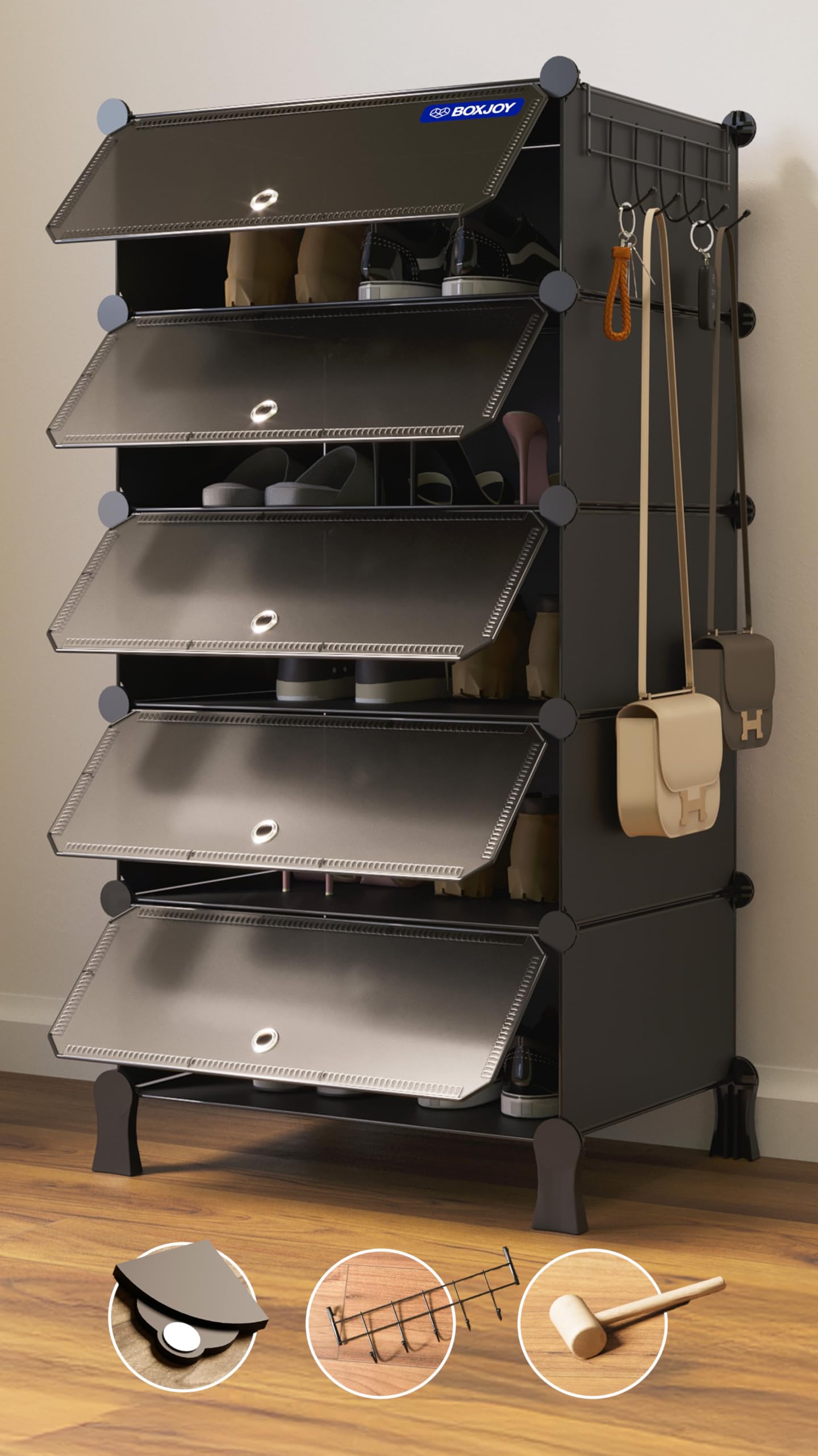𝟓 𝐒𝐡𝐞𝐥𝐟 Shoe Rack with Door 𝐌𝐚𝐠𝐧𝐞𝐭𝐬 & 5 𝐇𝐨𝐨𝐤 𝐒𝐭𝐞𝐞𝐥 𝐇𝐨𝐥𝐝𝐞𝐫 for Home Storage PP Plastic Box Organizer with Metal Door Frame, Chappal Slipper Sandals Stand (Black)
