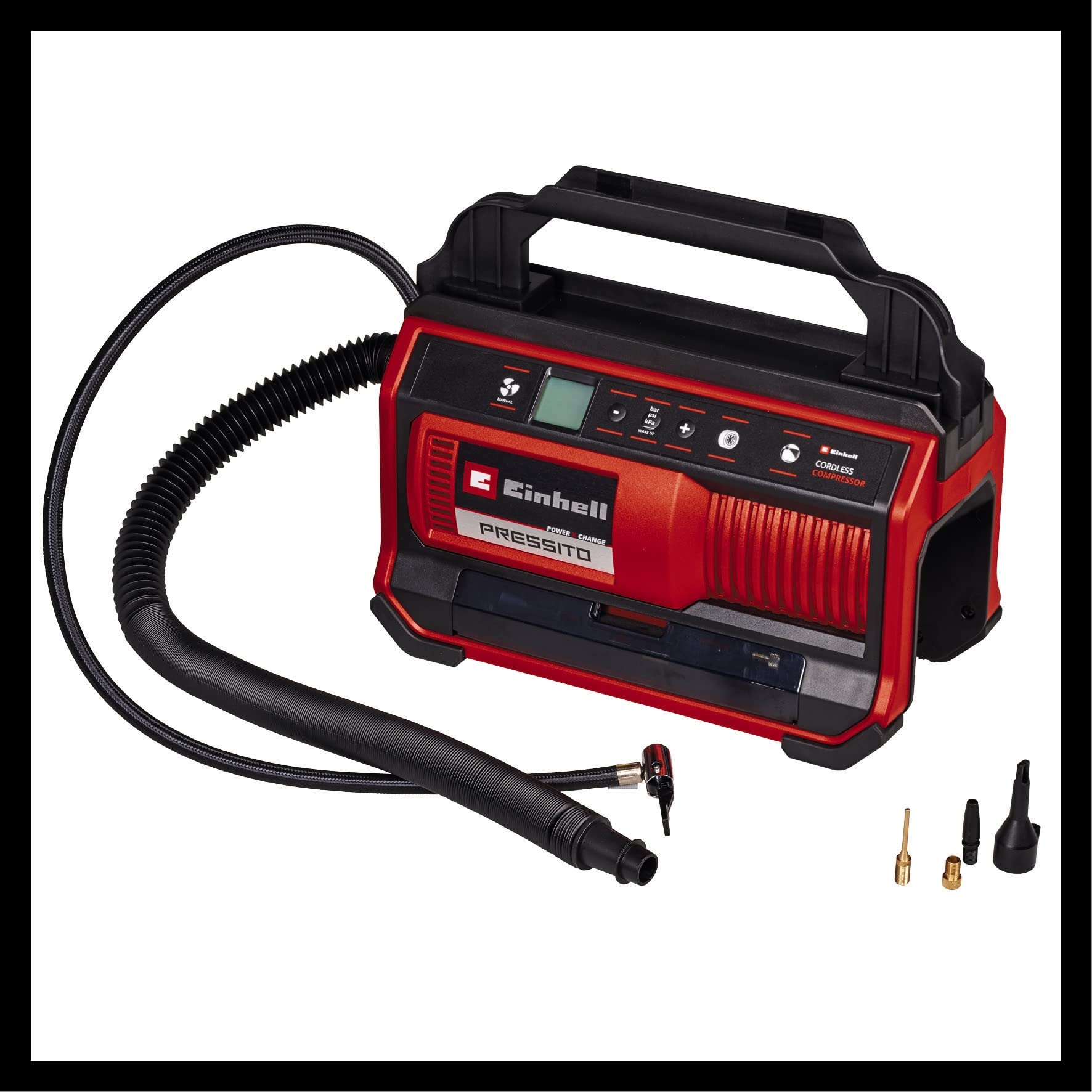 Einhell akumulatorowa sprężarka PRESSITO 18/25 Power X-Change (18 V, maks. 11 bar, w tym zestaw 3 szt. adapterów, wąż wysokociśnieniowy 71 cm i wąż niskociśnieniowy 1,6 m, bez akumulatora)