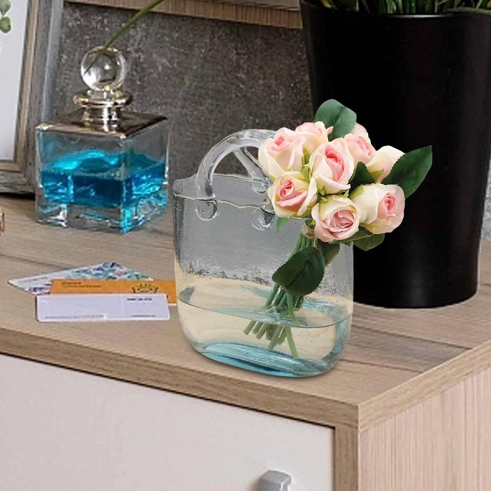 Vaso borsa in vetro - Vaso borsa con manico | Vaso forma di borsetta per fiori | Vaso di fiori fatto mano con ciotola per pesci | Vaso trasparente forma di borsa