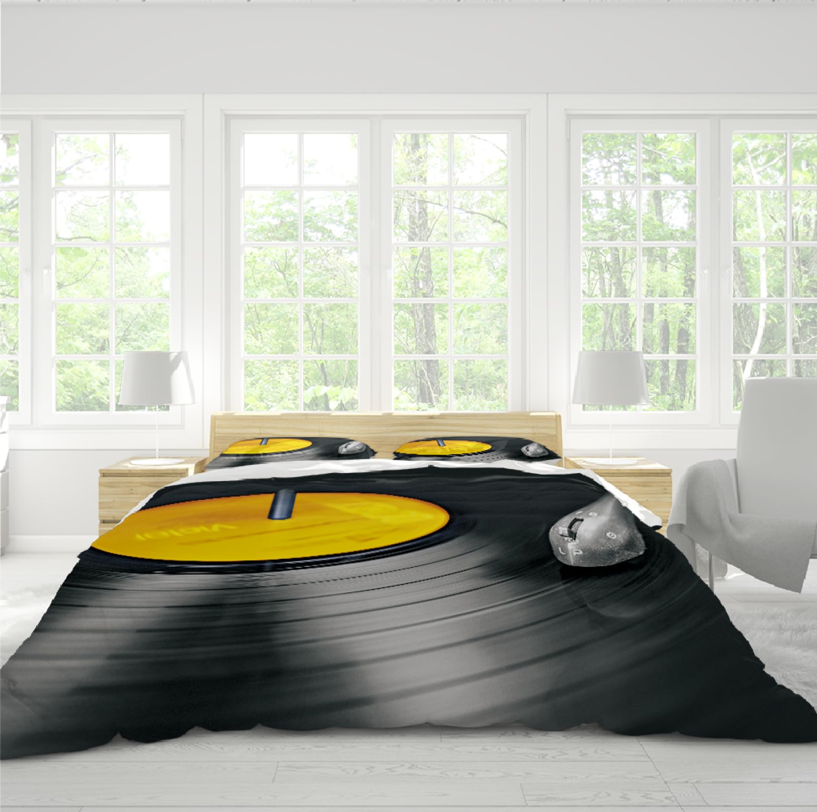 Abstract Art Duvet Cover Record Soft Microfiber Bed Quilt Cover con 2 federe Easy Care Yellow and Black Bedding Set di 3 pezzi 220x240cm