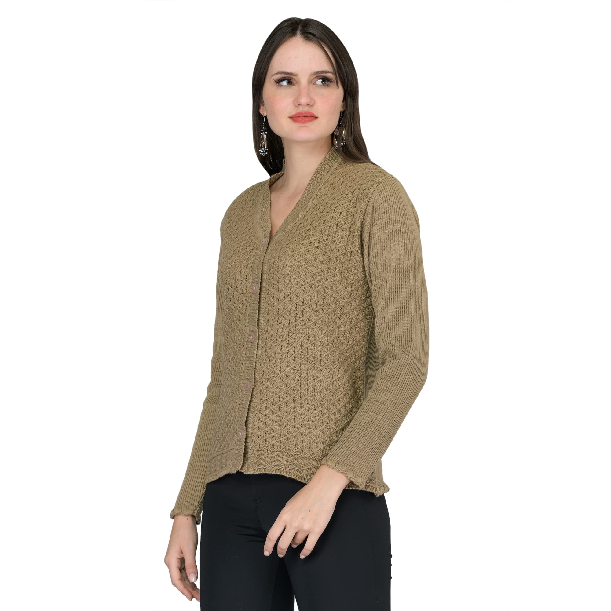 lady willington Women Woolen V-Neck Self Design Cardigan Heavy Daffodil Fabric Winter Wear Pure Wool Cardigan for Women Free Size Long Cotty Fully Warm (XXL, Dark Brown)-picture-42