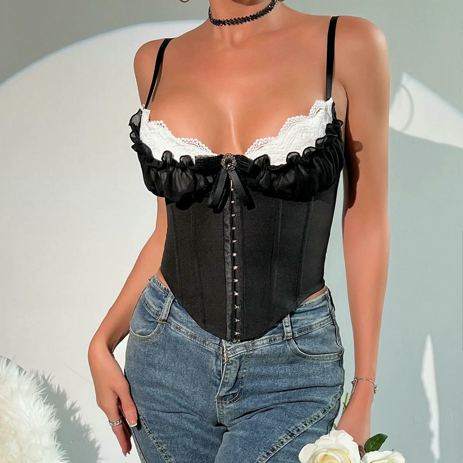 Canotta da Donna Sexy A V Collo Y2k Top Corti in Pizzo Patchwork Corsetto Bowknot Slim Camisole Forma di Corpo Pesce Bustier-Blu -s