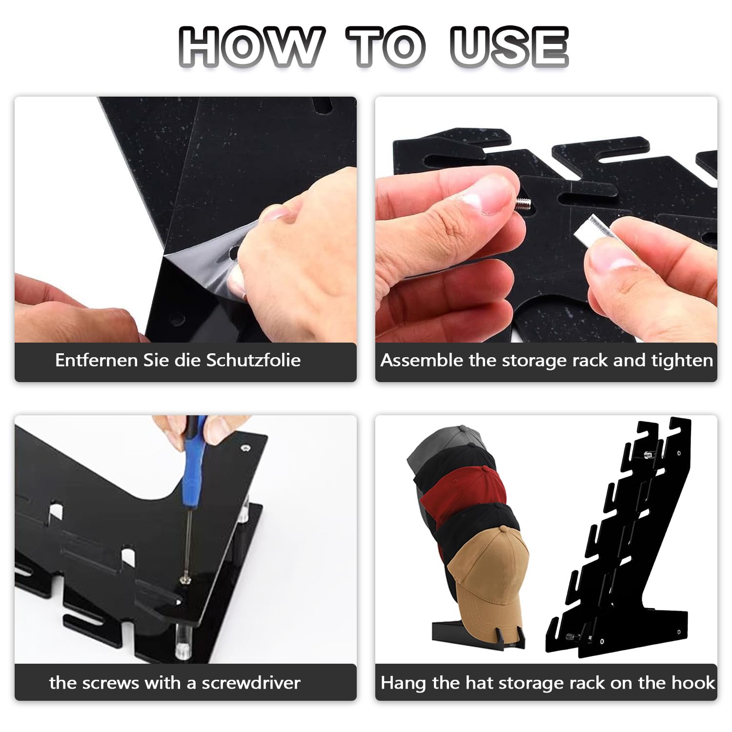 Hutständer Hat Rack Organizer,Cap Halter,Hutablage Fasst 5 Hüte Wandhalterung aus Acryl,Mützen Aufbewahrung,Huthalter passend Für Baseballkappen,Schränke, Schubladenschränke und Wände,Schwarz