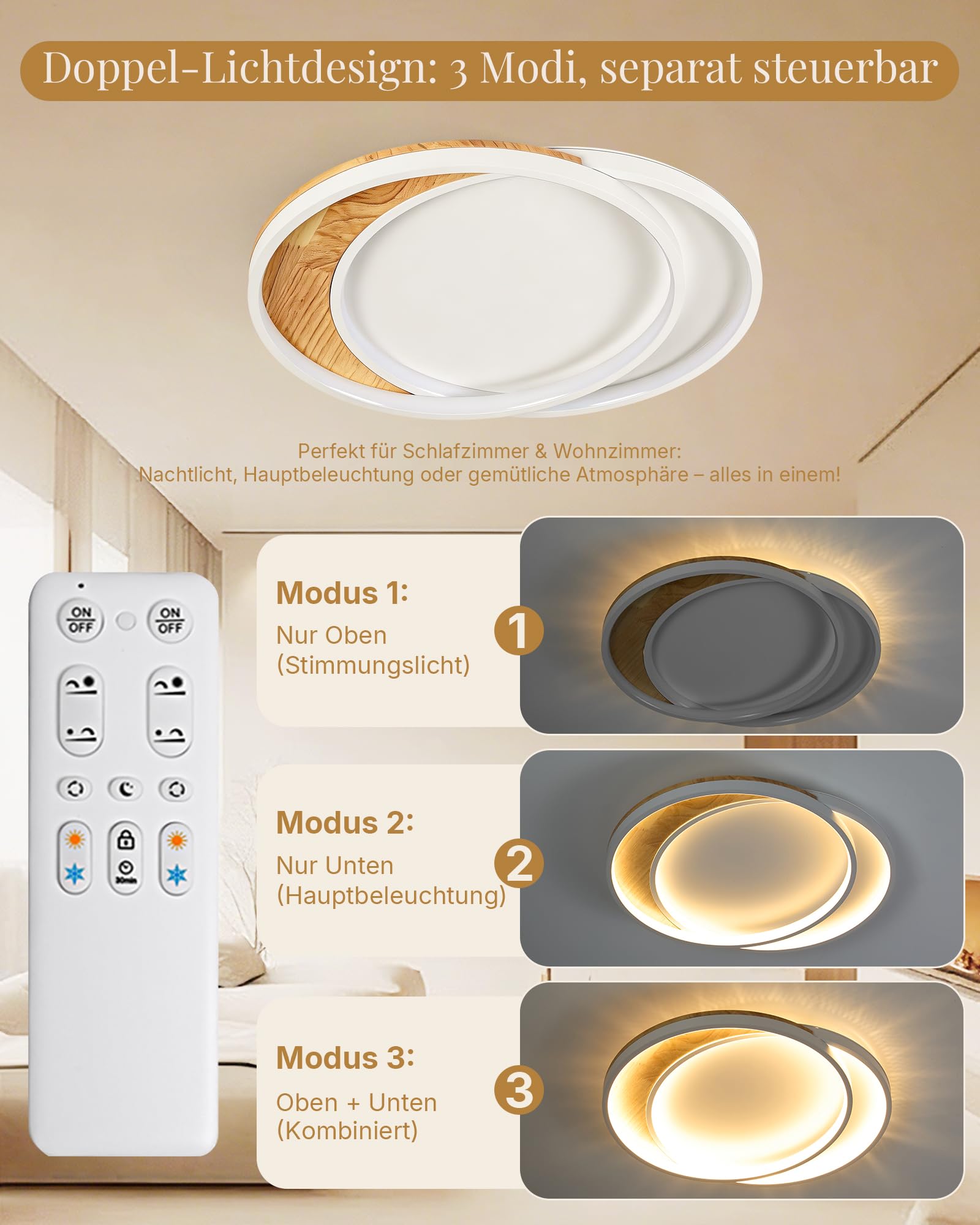 Deckenlampe Wohnzimmer LED Deckenleuchte Massivholz 36 cm, 2 Ringe, 32W, dimmbar Fernbedienung, Nachtlicht & Memory-Funktion, Moderne Deckenbeleuchtung für Schlafzimmer, Küche, Flur, Esszimmer, Büro