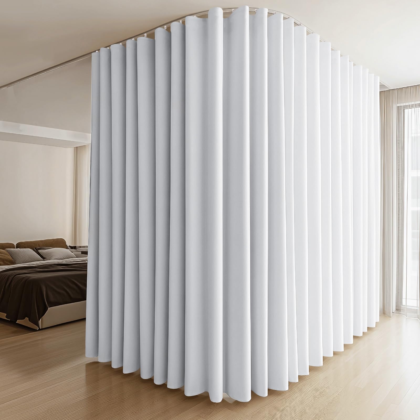 MaKefeile Room Divider Curtains &amp; Flexible Bendable Tracks Set,Privacy Dividers Ceiling Track Curtain Window Blackout Curtains for Living Room Bedroom (W150 × H84 in 1 Panel White Drape &amp; White Rail)