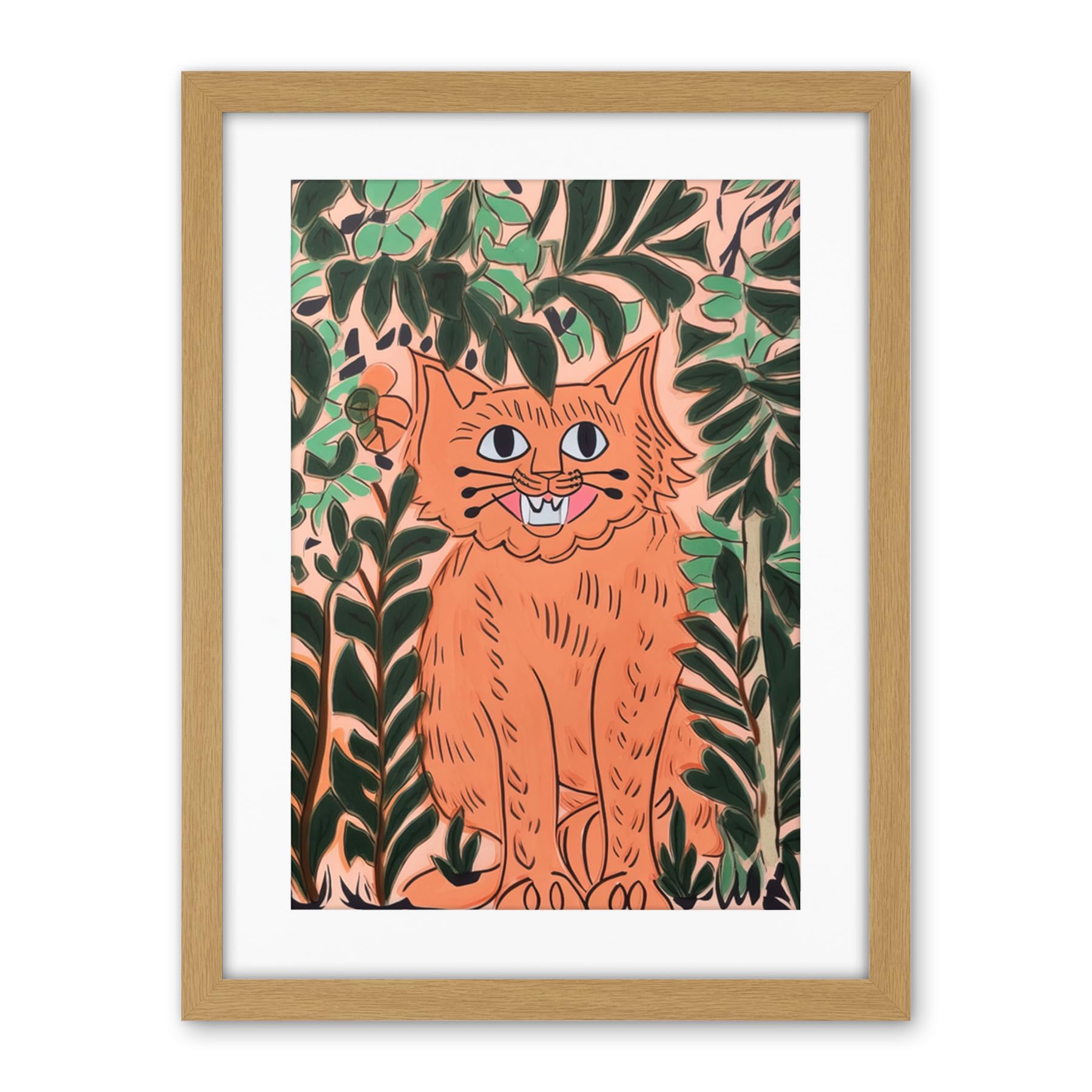 Artery8 Ginger Orange Tabby Cat in Plants Modern Folk Art Artwork Framed Wall Art Print 18X24 Inch