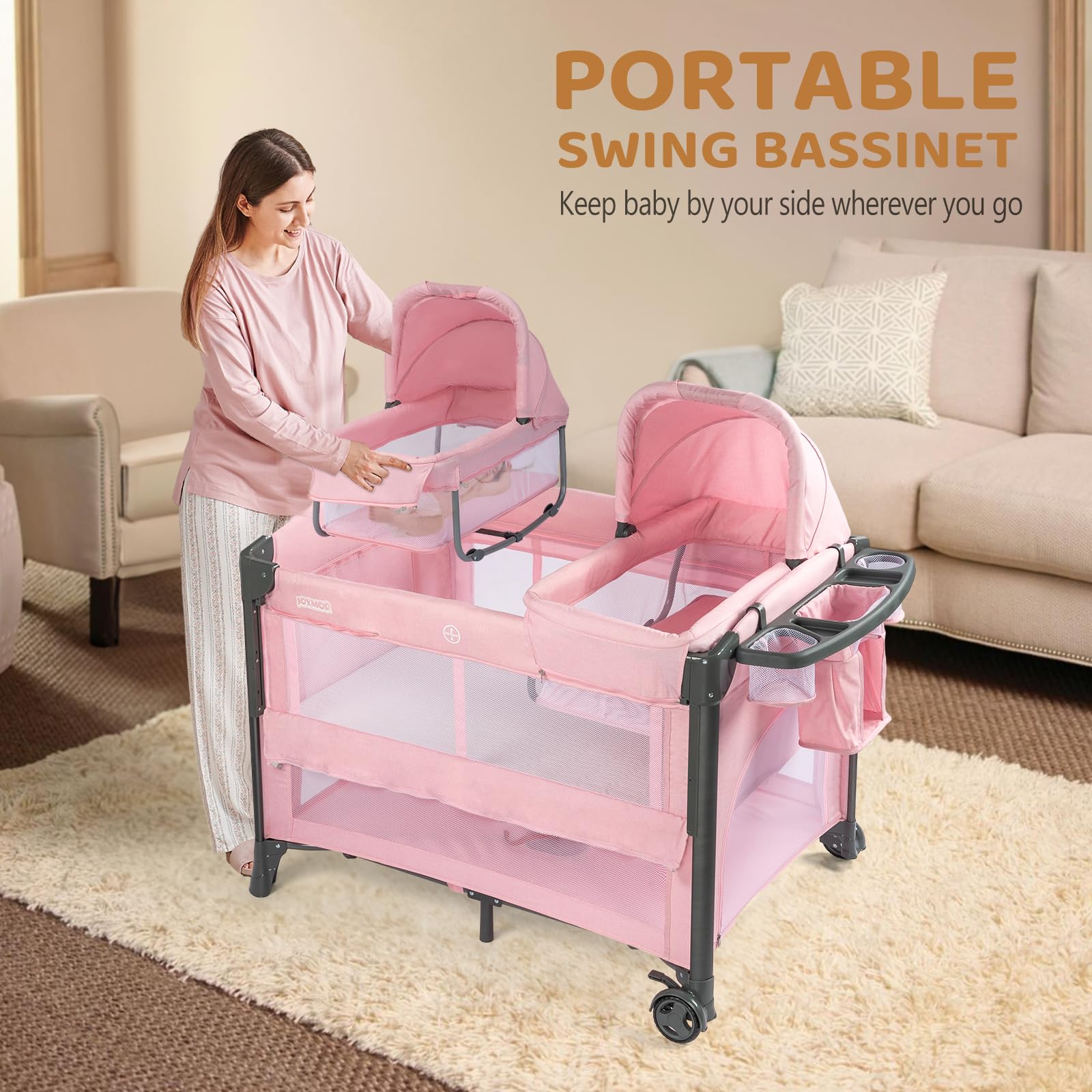 Amazon.com: JOYMOR Twin Bassinet for Baby, Pink Bedside Bassinet